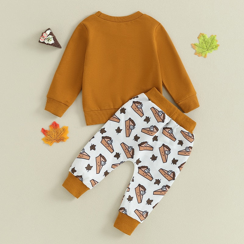 Thankful Lil' Pilgrim Toddler Boys Thanksgiving Outfit | Letter Print Sweatshirt + Pumpkin Pie Jogger Pants