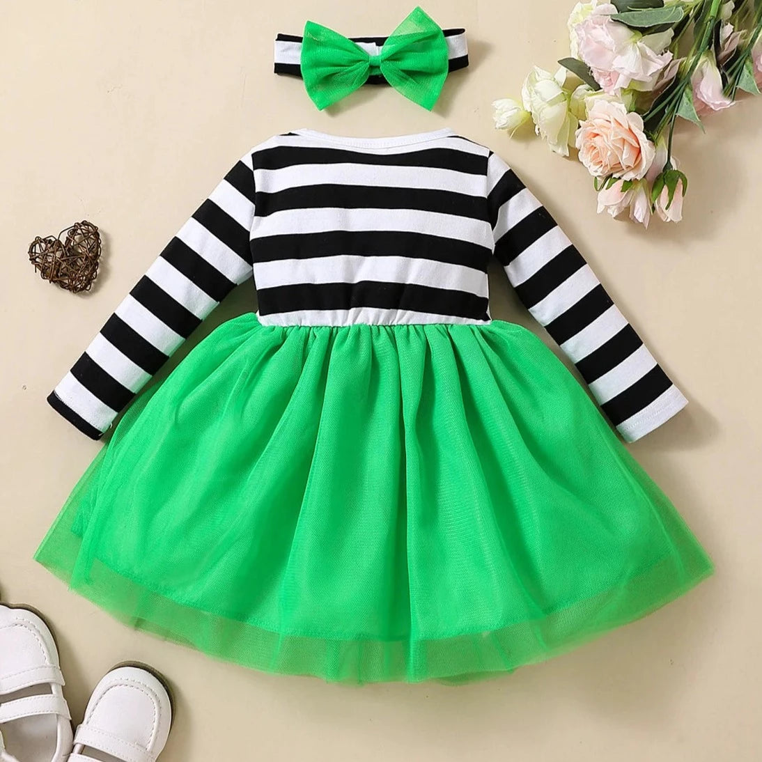 Emerald Elegance | Enchanting Striped Top & Whimsical Green Tulle Princess Dress