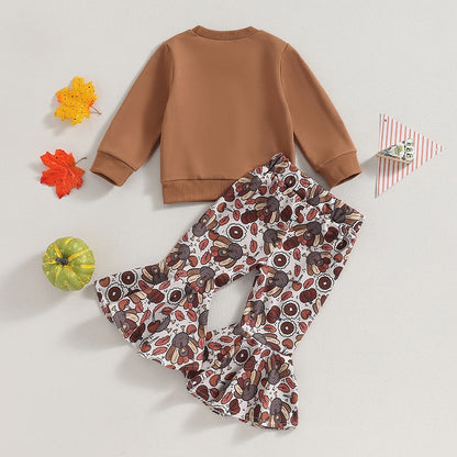 Gobble Baby Gobble Thanksgiving Outfit | Girls Sweatshirt & Turkey Print Bellbottom Pants