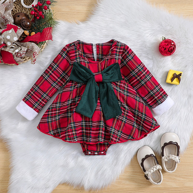 Festive Plaid Print Romper Dress with Adorable Bow | Perfect for Baby Girls this Christmas