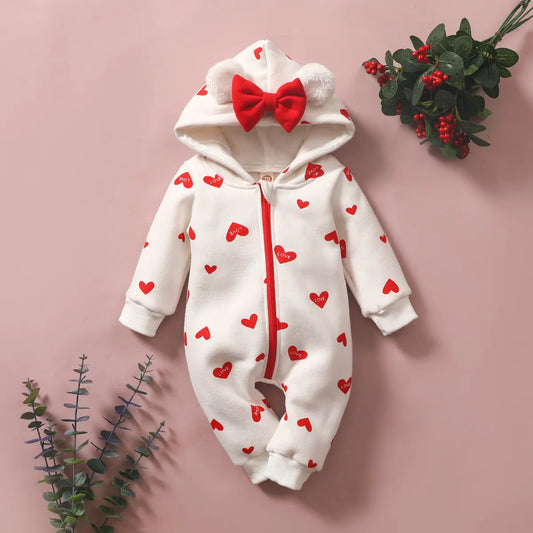 Valentine's Day Girls Rompers | Heart Printed Zipper Front Romper with Hood