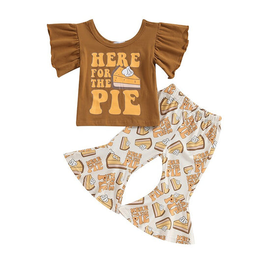 Pie Lover's Thanksgiving Outfit for Girls | Flutter Sleeve Top & Pumpkin Pie Bellbottom Pants