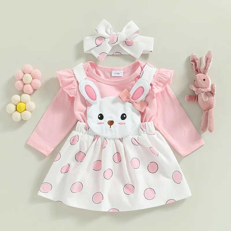 Easter Baby Girls Jumpsuits Set | Ruffle Long Sleeves Romper + Bunny Suspender Skirt + Headband