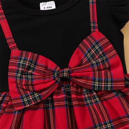 Christmas Girls' Plaid Dress Set with Bow Headband | Adorable Black and Red Holiday Outfit