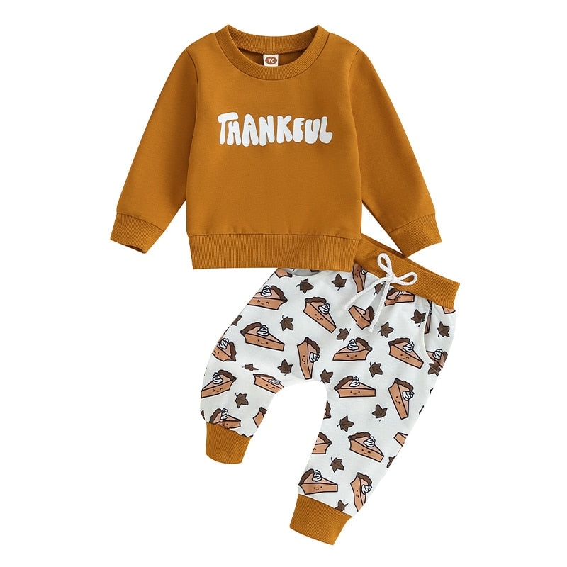 Thankful Lil' Pilgrim Toddler Boys Thanksgiving Outfit | Letter Print Sweatshirt + Pumpkin Pie Jogger Pants