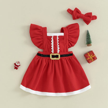 Christmas Girls Red Dress | Ruffle Belt Santa Party Dresses with Matching Headband