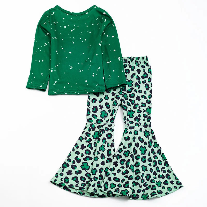 Lucky Shamrocks Girls Saint Patrick's Day Set | Long Sleeve Tee & Matching Bellbottoms