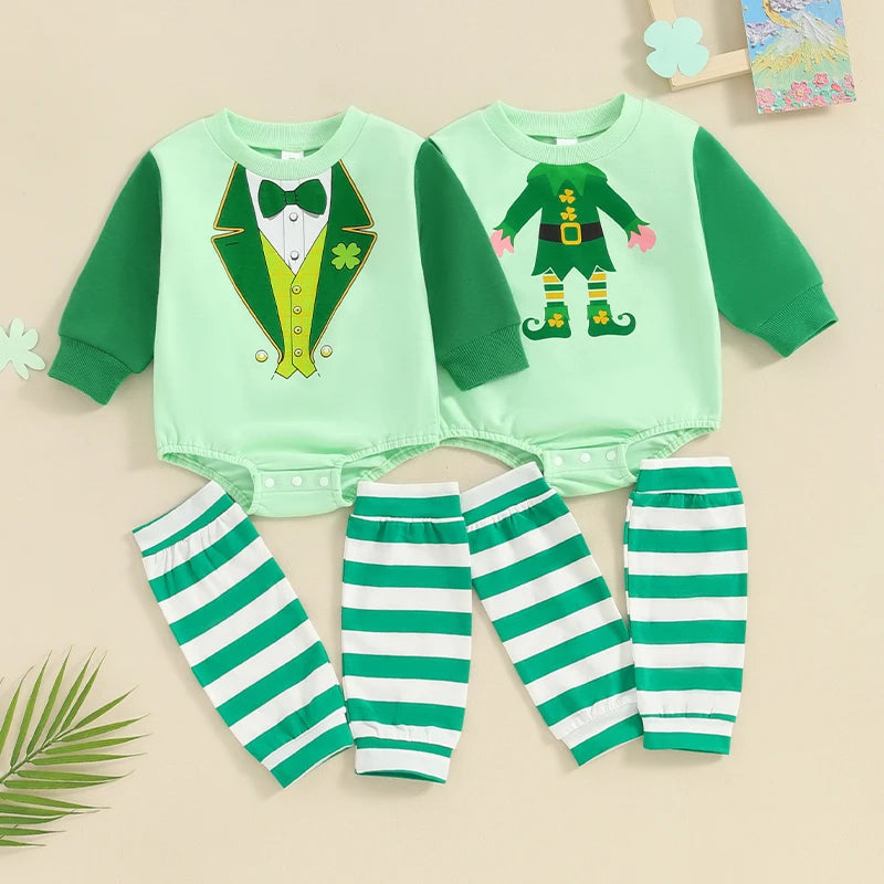 Saint Patrick's Day Baby Boy Leprechaun Romper Sets | Matching Striped Leg Warmers
