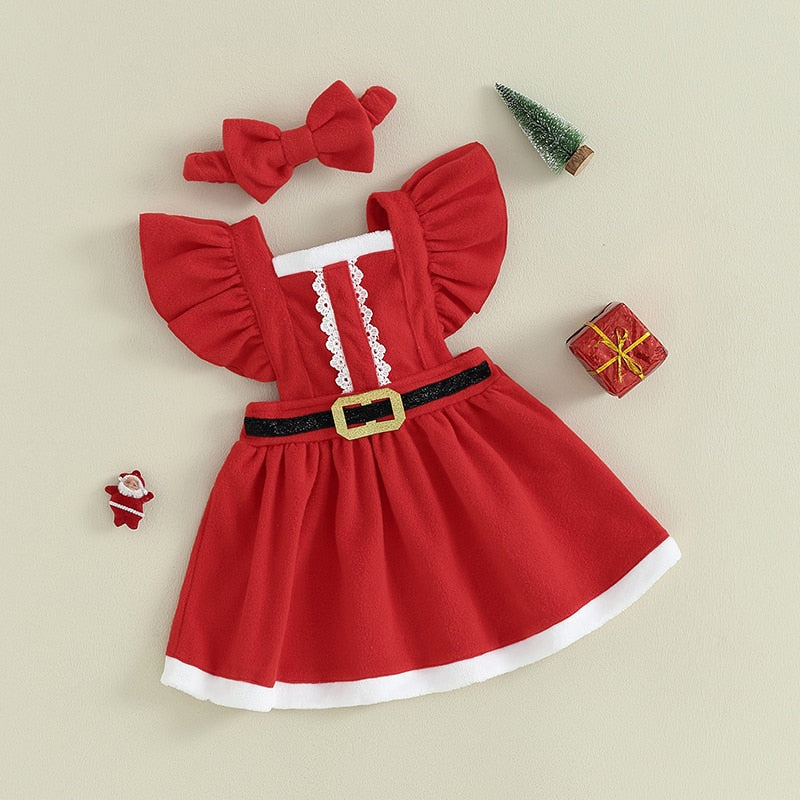 Christmas Girls Red Dress | Ruffle Belt Santa Party Dresses with Matching Headband