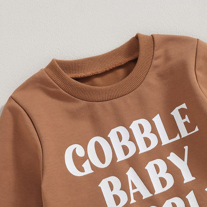 Gobble Baby Gobble Thanksgiving Outfit | Girls Sweatshirt & Turkey Print Bellbottom Pants