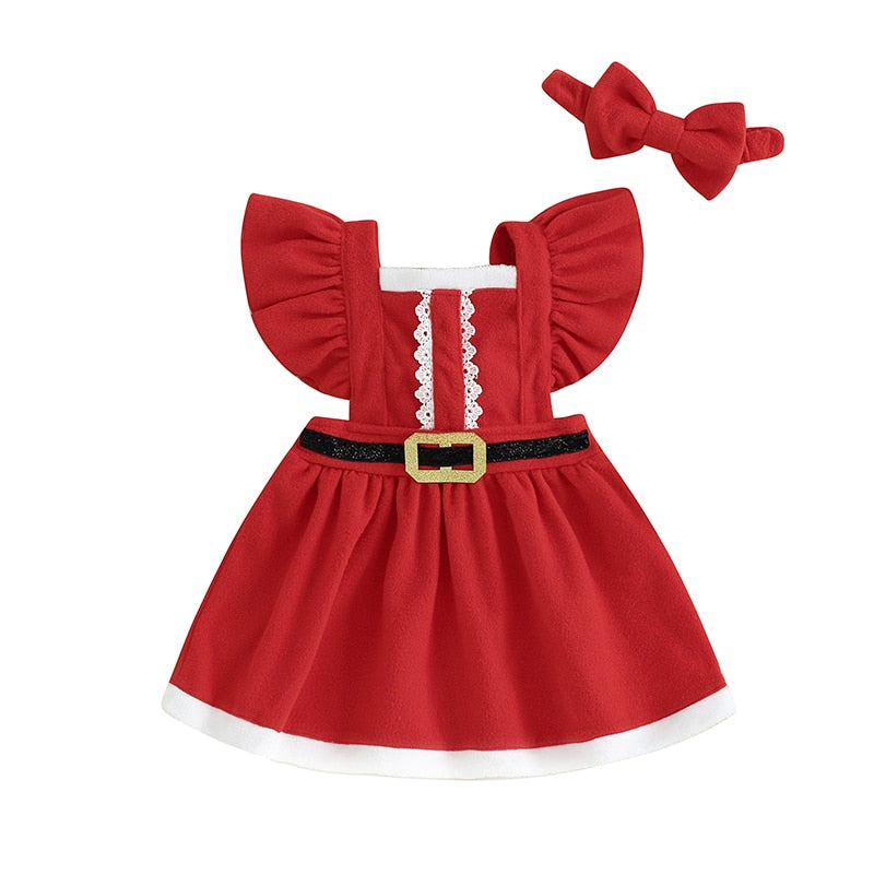 Christmas Girls Red Dress | Ruffle Belt Santa Party Dresses with Matching Headband