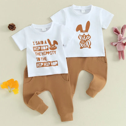 Toddler Baby Boy Easter Outfit | Short Sleeve Bunny Hip Hop T Shirt and Casual Pants Clothes Set