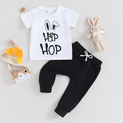 Hippity Hop Toddler Baby Boy Easter Outfit | Short Sleeve Bunny Shirt & Joggers Set