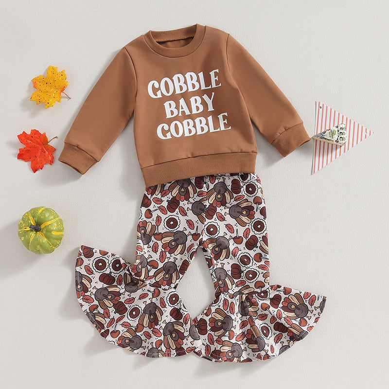 Gobble Baby Gobble Thanksgiving Outfit | Girls Sweatshirt & Turkey Print Bellbottom Pants