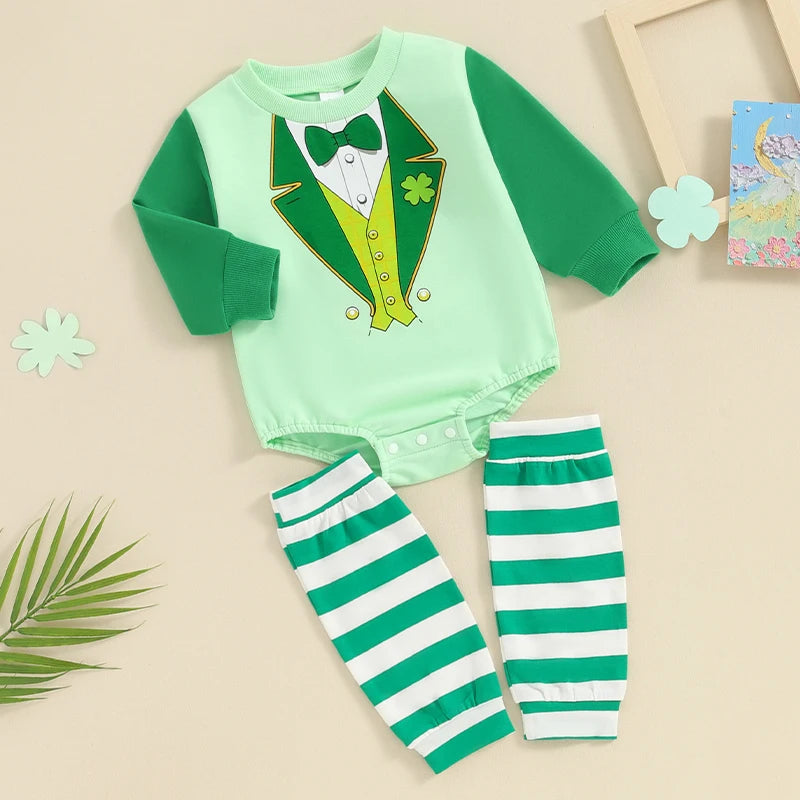 Saint Patrick's Day Baby Boy Leprechaun Romper Sets | Matching Striped Leg Warmers