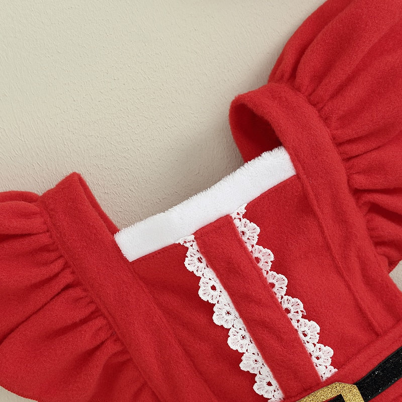 Christmas Girls Red Dress | Ruffle Belt Santa Party Dresses with Matching Headband