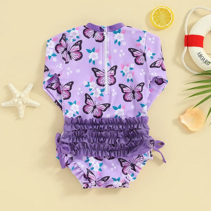 Cute Baby Girls Rash Guard Swimwear | Butterfly or Floral Ruffle Bottom Romper Swimsuits