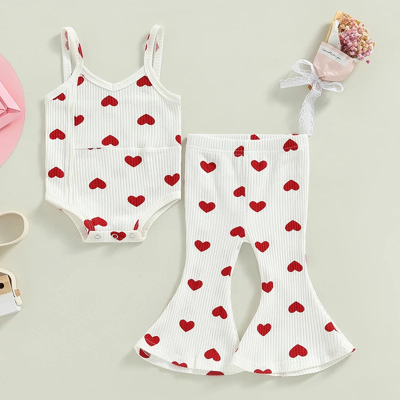 Valentine's Day Clothes Sets for Toddler Girls | Heart Print Bodysuits + Flare Pants