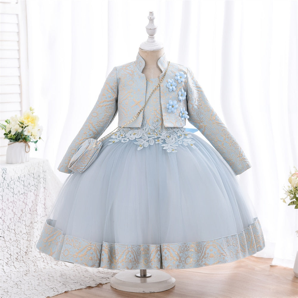 Jacquard Three Piece Dress | Elegant Ball Gown for Girls itsykitschycoo