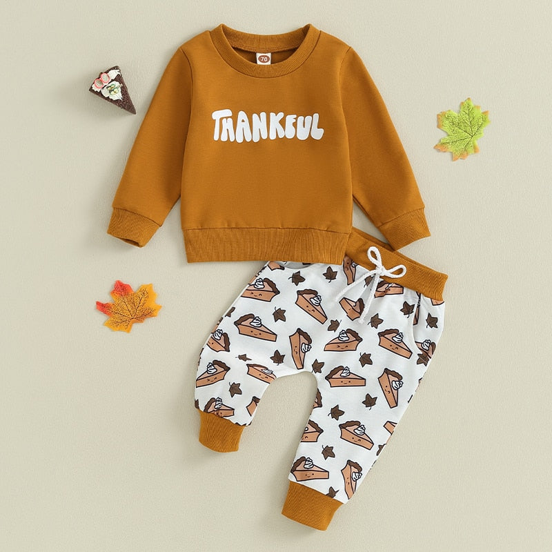 Thankful Lil' Pilgrim Toddler Boys Thanksgiving Outfit | Letter Print Sweatshirt + Pumpkin Pie Jogger Pants