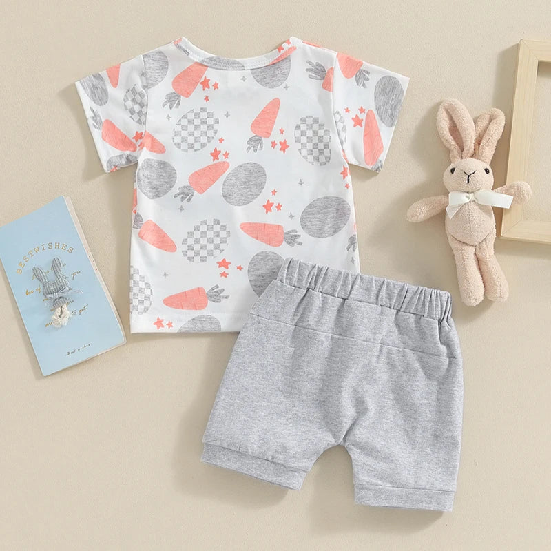 Cute Toddler Baby Boy Easter Outfit | Egg Carrot Print Short Sleeve T-Shirts + Shorts 2Pcs Clothes Set