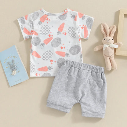 Cute Toddler Baby Boy Easter Outfit | Egg Carrot Print Short Sleeve T-Shirts + Shorts 2Pcs Clothes Set