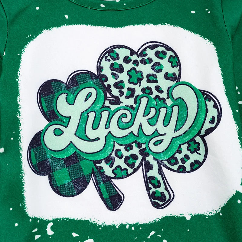 Lucky Shamrocks Girls Saint Patrick's Day Set | Long Sleeve Tee & Matching Bellbottoms