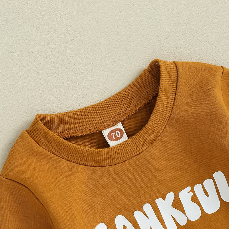 Thankful Lil' Pilgrim Toddler Boys Thanksgiving Outfit | Letter Print Sweatshirt + Pumpkin Pie Jogger Pants