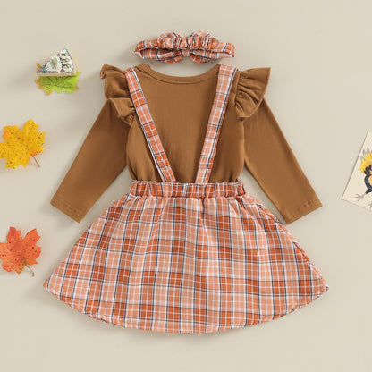 Thanksgiving Day Baby Girl Outfits | Brown Ruffle Romper and Plaid Turkey Jumper Set