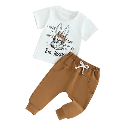 Cute Toddler Boy Easter Outfit | Bunny Short Sleeve T-Shirts 'Big Hoppa' Top + Sweatpants Set