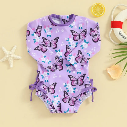 Cute Baby Girls Rash Guard Swimwear | Butterfly or Floral Ruffle Bottom Romper Swimsuits