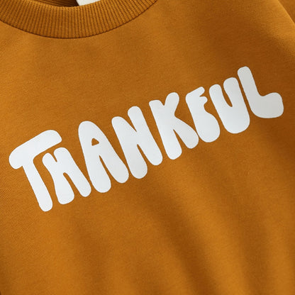 Thankful Lil' Pilgrim Toddler Boys Thanksgiving Outfit | Letter Print Sweatshirt + Pumpkin Pie Jogger Pants