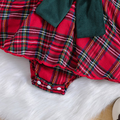 Festive Plaid Print Romper Dress with Adorable Bow | Perfect for Baby Girls this Christmas