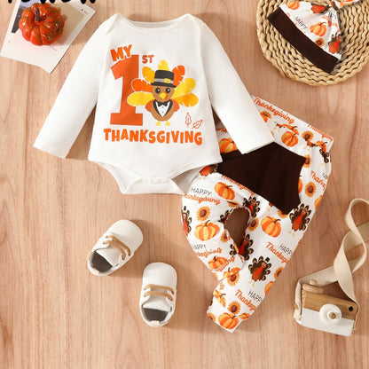 My First Baby Thanksgiving Outfits | Romper, Turkey Printed Pants, and Hat