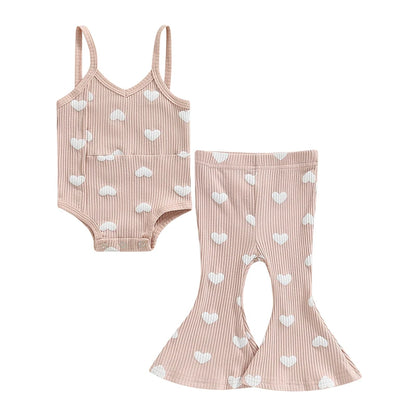 Valentine's Day Clothes Sets for Toddler Girls | Heart Print Bodysuits + Flare Pants