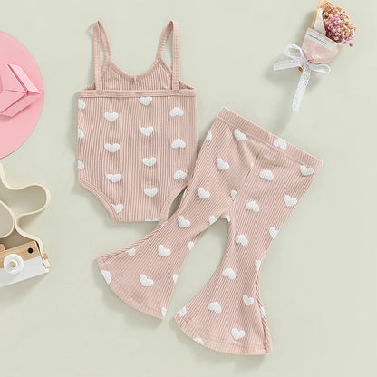 Valentine's Day Clothes Sets for Toddler Girls | Heart Print Bodysuits + Flare Pants