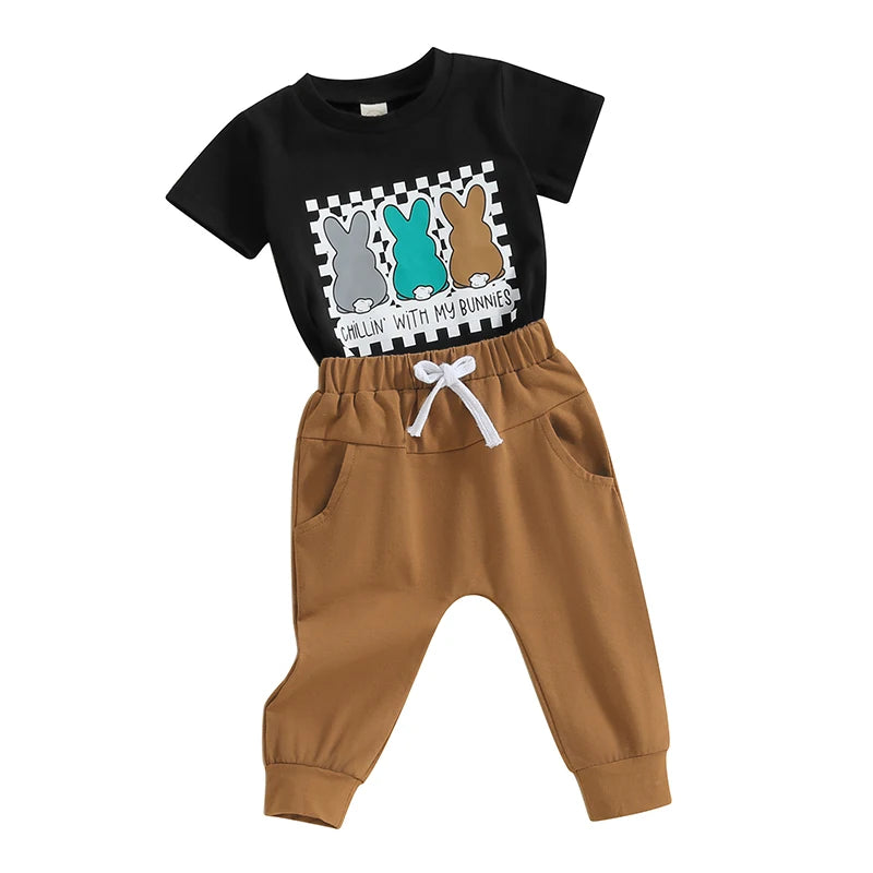 Cute Boy Easter Set | Short Sleeve Bunny Letter Print T-Shirt + Pocket Pants