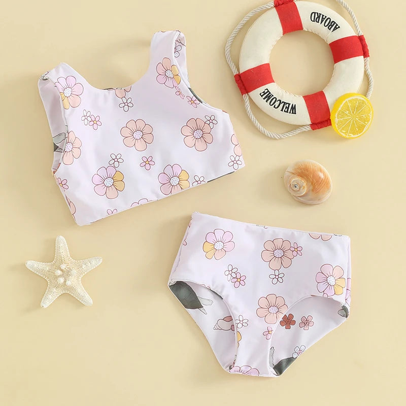 Versatile Reversible Baby Girls Bikini Sets | Shell/Flower Print Knotted Set