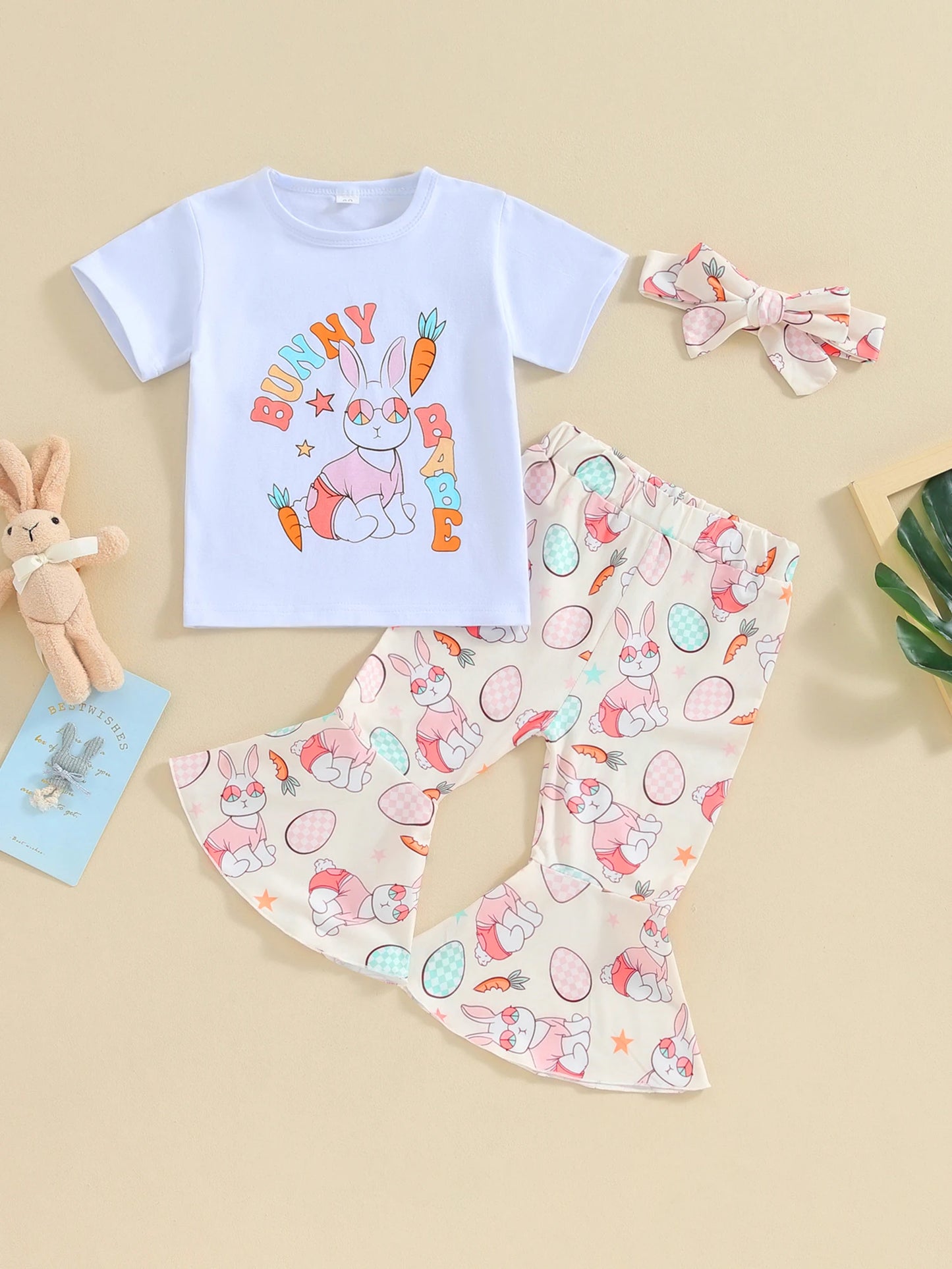 Toddler Baby Girl Easter Outfit | Bunny Short Sleeve T-Shirt & Bell Bottoms