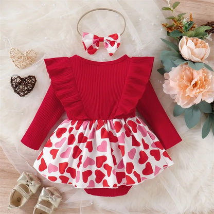 Baby Girls Valentine’s Day Outfits | Heart Print Skirt Romper with Headband Set