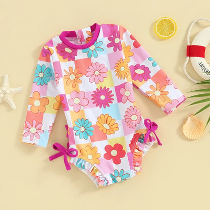 Cute Baby Girls Rash Guard Swimwear | Butterfly or Floral Ruffle Bottom Romper Swimsuits