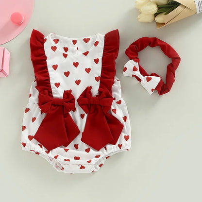 Baby Girls Outfits for Valentine’s Day | Ruffles Sleeveless Heart Print Romper with Headband Set