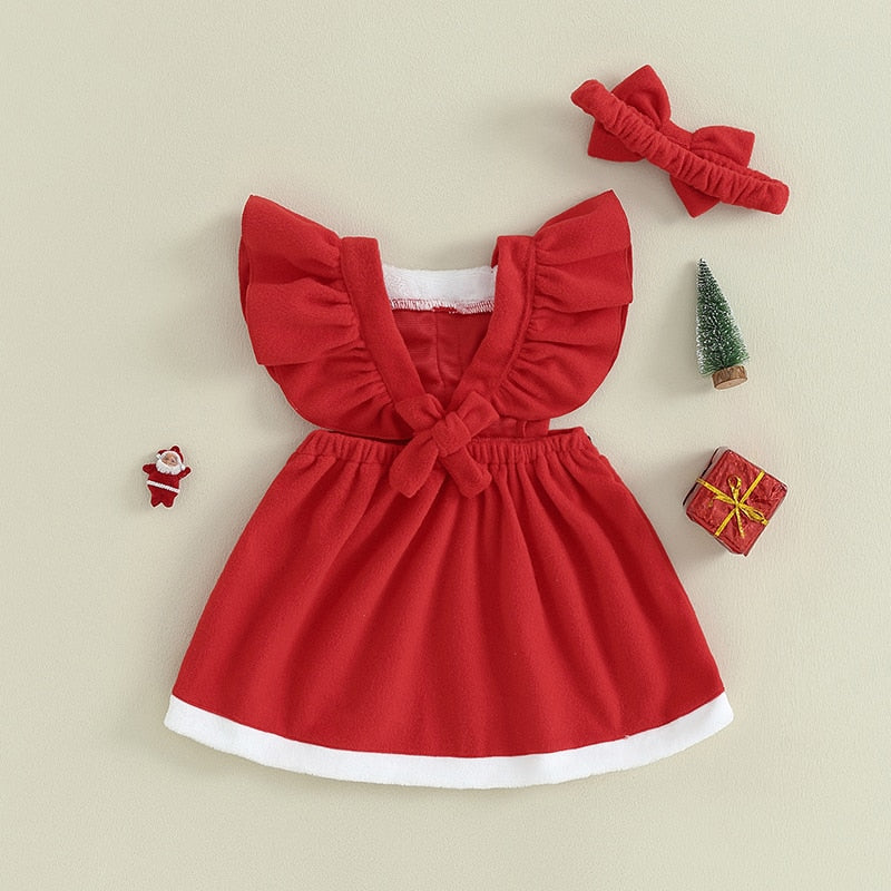 Christmas Girls Red Dress | Ruffle Belt Santa Party Dresses with Matching Headband