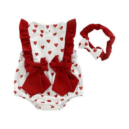 Baby Girls Outfits for Valentine’s Day | Ruffles Sleeveless Heart Print Romper with Headband Set