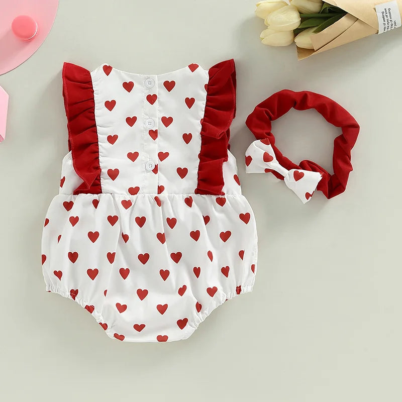 Baby Girls Outfits for Valentine’s Day | Ruffles Sleeveless Heart Print Romper with Headband Set