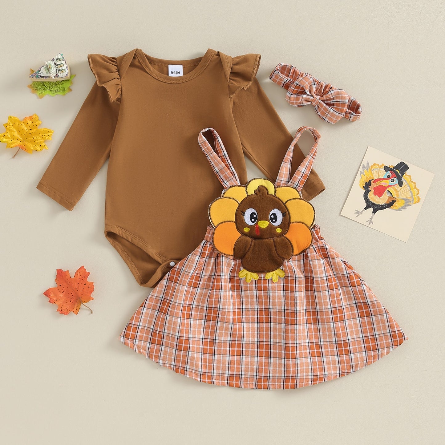 Thanksgiving Day Baby Girl Outfits | Brown Ruffle Romper and Plaid Turkey Jumper Set