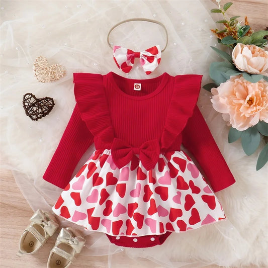 Baby Girls Valentine’s Day Outfits | Heart Print Skirt Romper with Headband Set