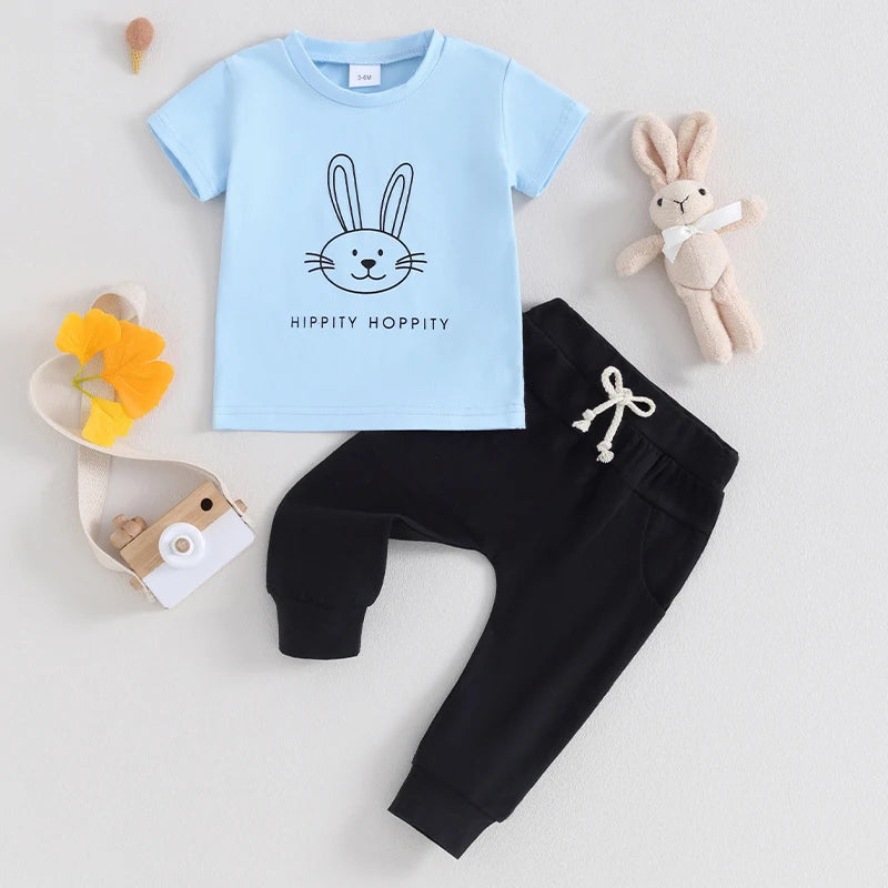 Hippity Hop Toddler Baby Boy Easter Outfit | Short Sleeve Bunny Shirt & Joggers Set