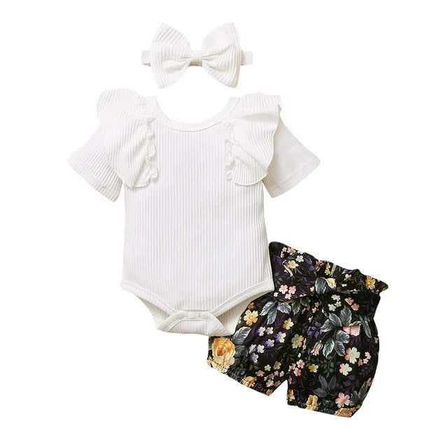 Girls Three Piece Summer Sets | Solid Flutter Ruffle Onesies, Bloomer Shorts & Headband