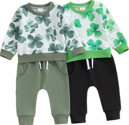 Lucky Charm Duo | Solid Color Pants + Shamrock-Printed Long Sleeve Sweatshirt